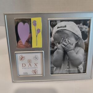 DAX Silver Photo Frame with Purple and Yellow Accents Heart Flower Two Photos